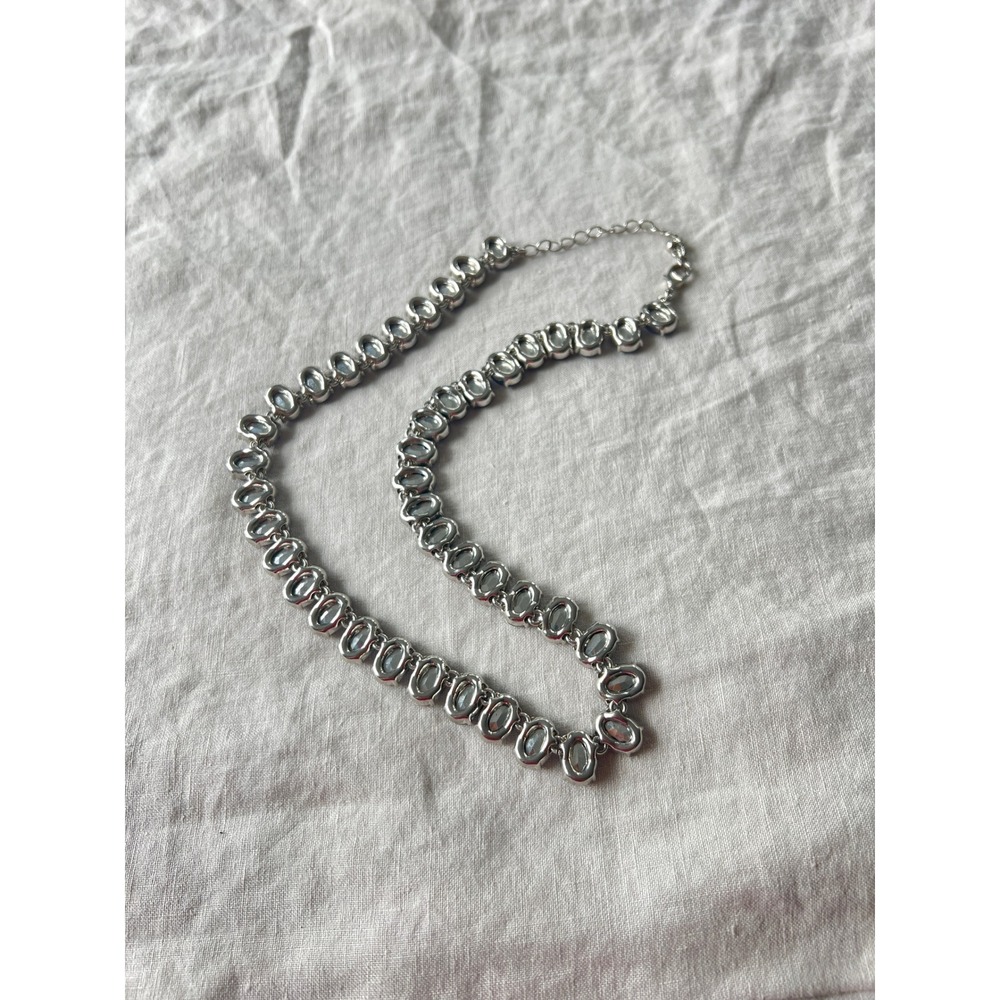 Blue Oval Stone Silver Tone Collar Necklace OS Elegant Statement - Picture 5 of 7